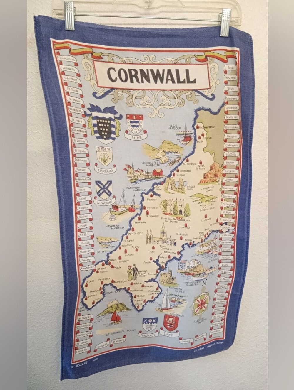 Vintage Cornwall Map Tea Towel Vista Clive Mayor Cotton 2 Selvedge Edges UK
